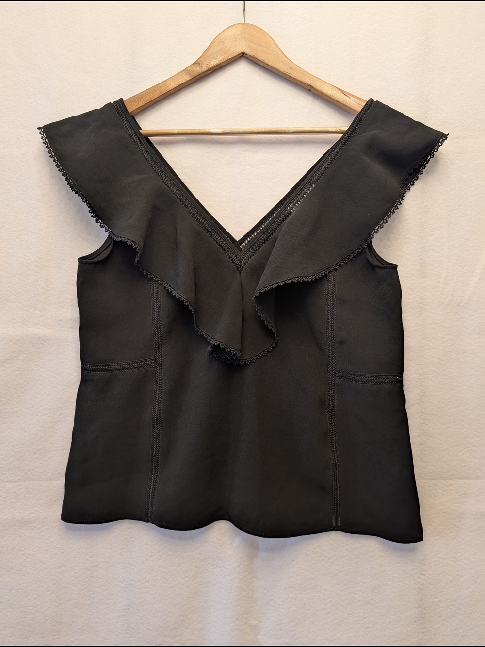 Sezane Black V-Neck Ruffle-Trim Camisole